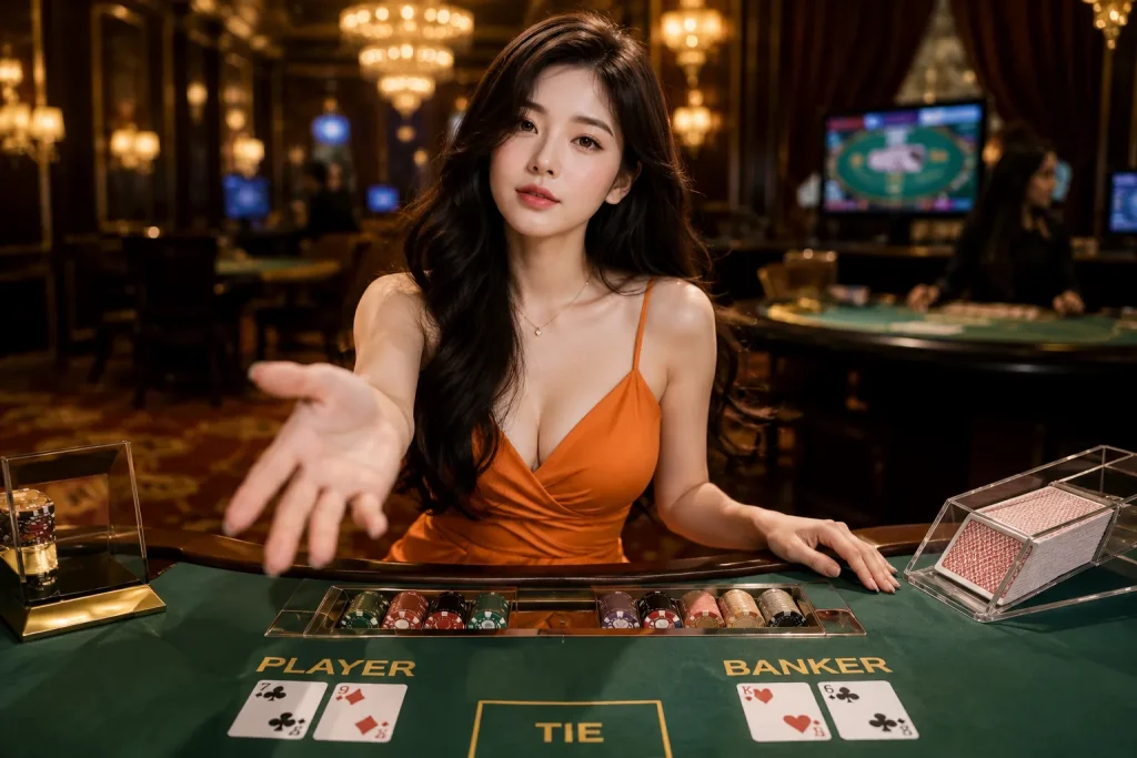 Elegant casino dealer in warm lighting